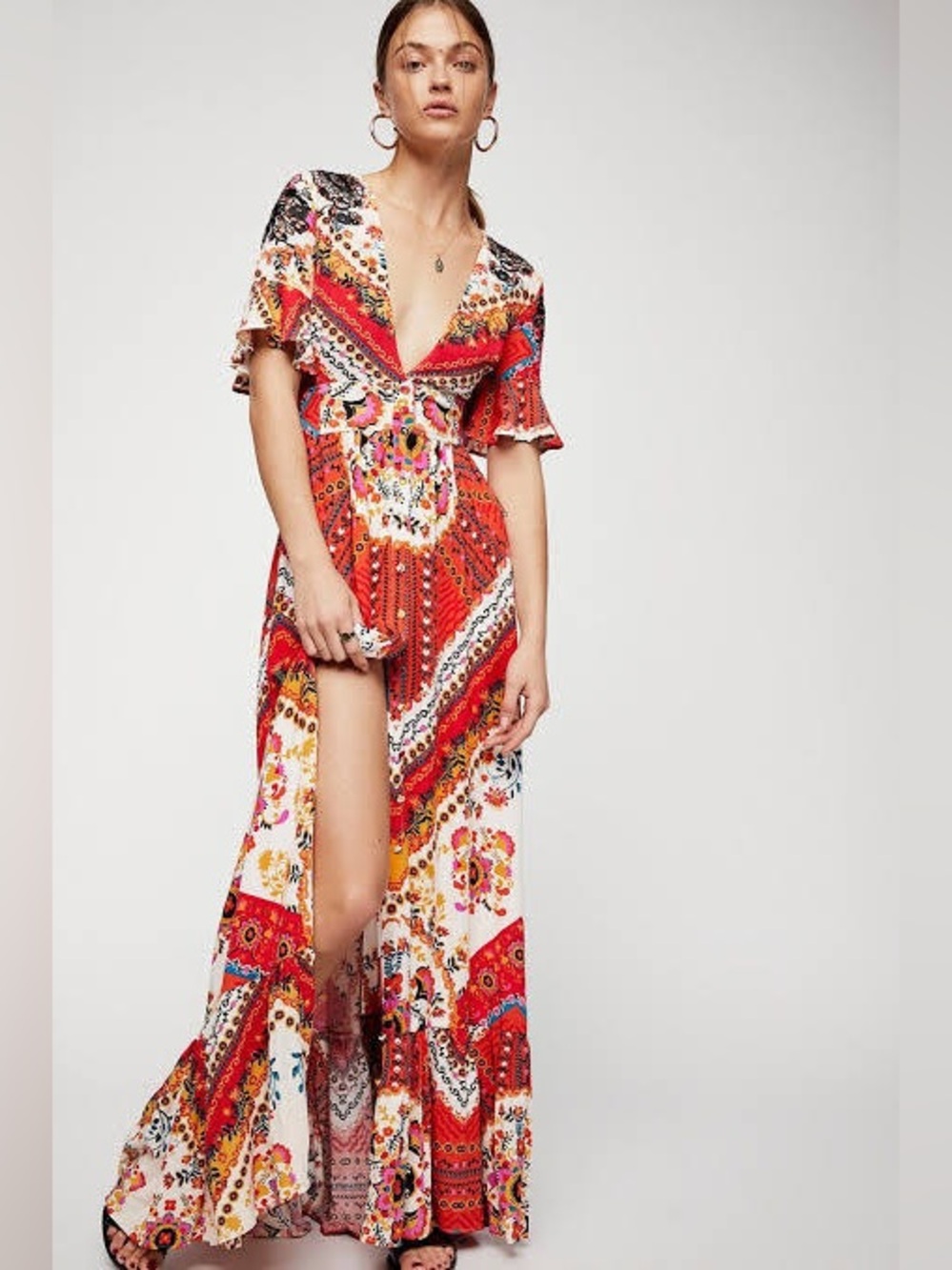 Free People Boho Floral Paisley Cutout Tie Back Maxi Dress Small